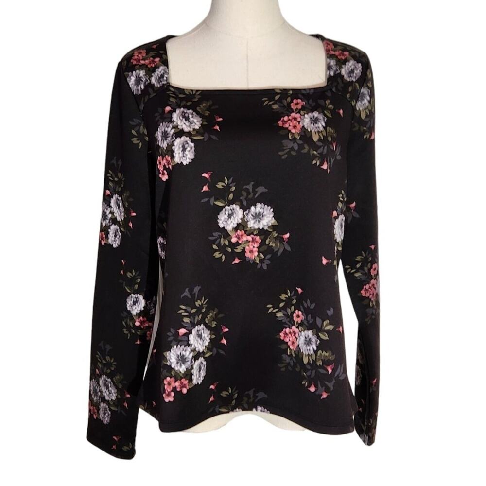 Violets & Roses Black Floral Square Neck Long Sleeve Blouse NWT Women's M